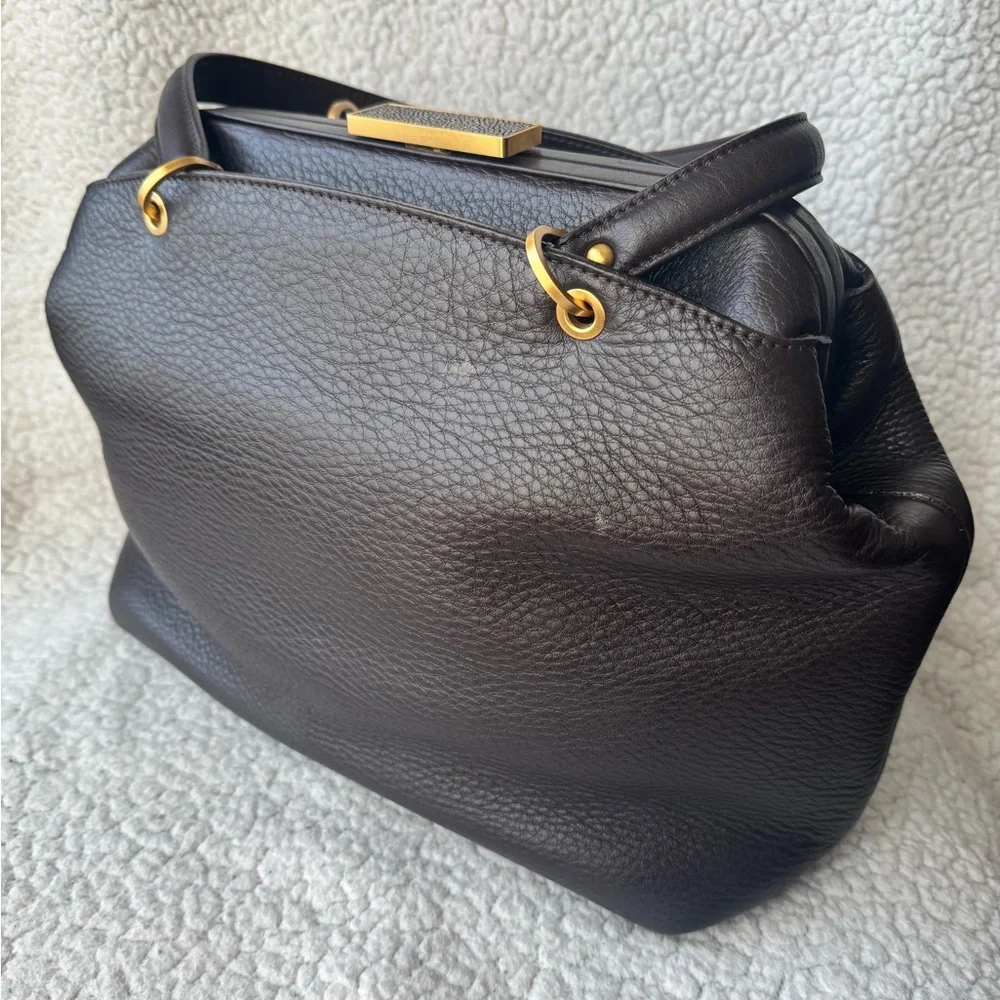 Smythson of Bond Street Agatha Kiss Lock Shoulder Bag in Dark Chocolate - Picture 10 of 17